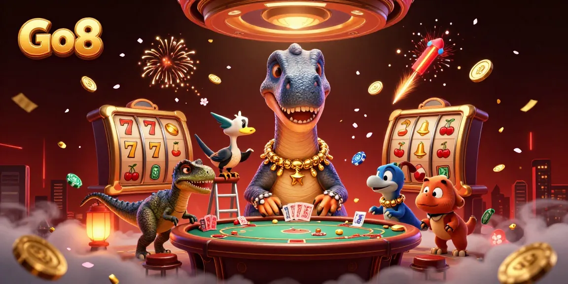Go8 brings excitement with vibrant slot reels and a lively 3D casino scene filled with action.