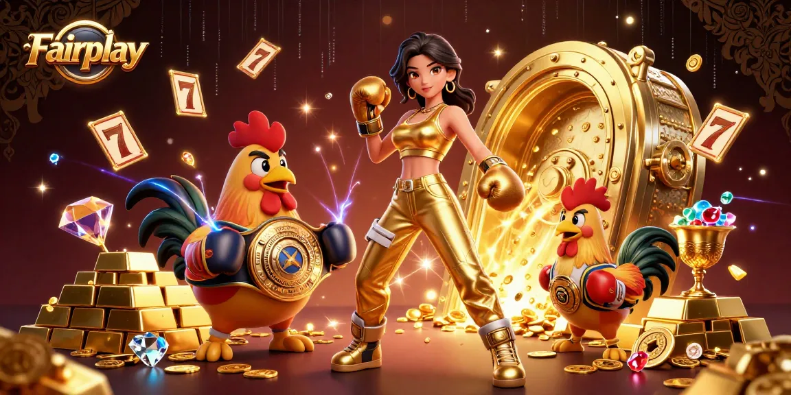 Experience Fairplay with this dynamic illustration of casino excitement featuring slot reels and championship characters.