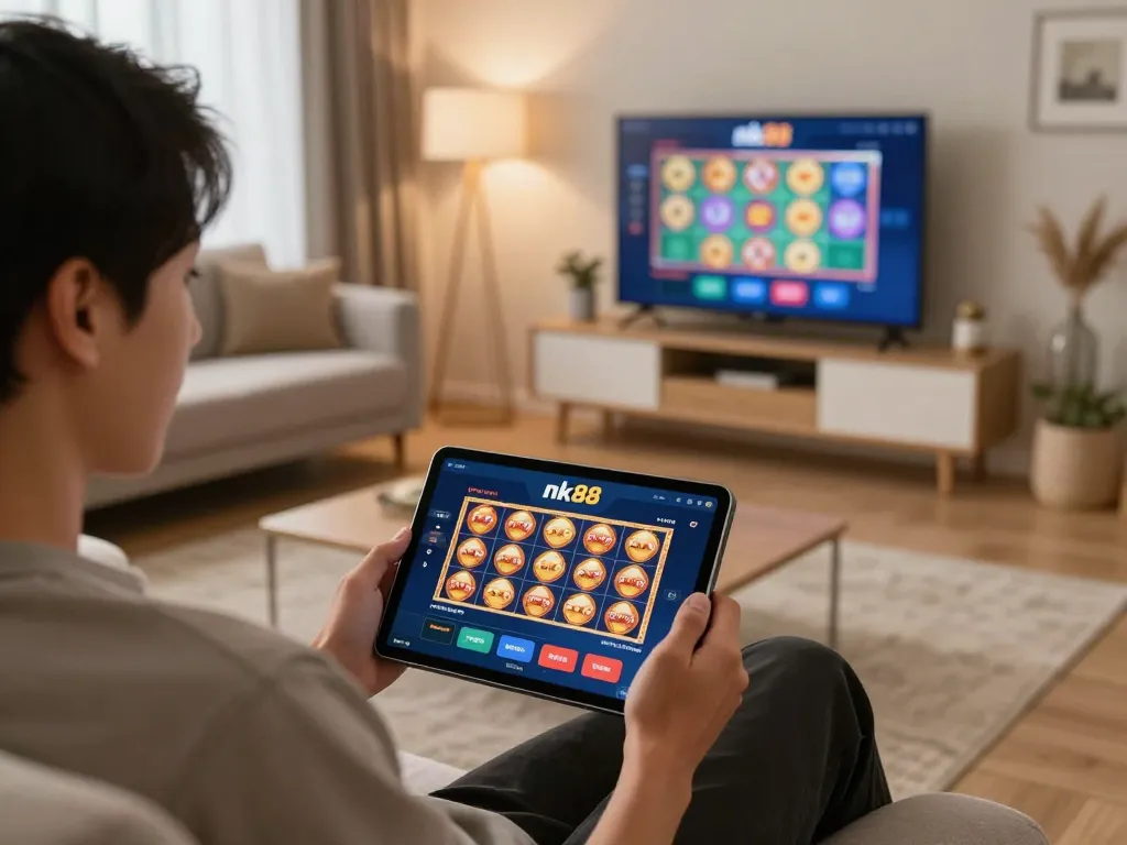 Engaged player using nk88 app on tablet for online casino gaming in cozy setting