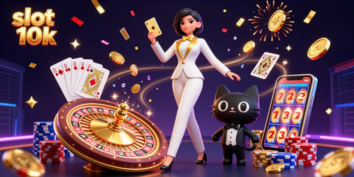 Experience thrilling wins with slot 10k in this vibrant casino scene featuring a stylish tuxedo woman and lucky symbols.