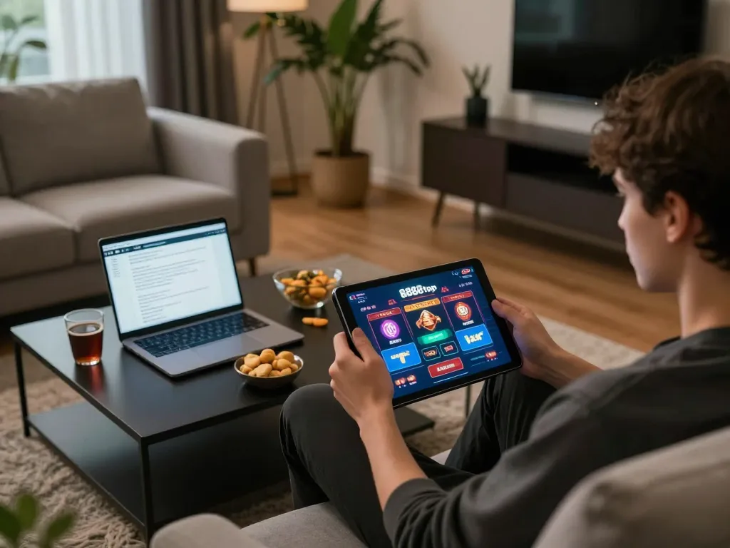 Player enjoying the 888top gaming app on a tablet in a cozy living room