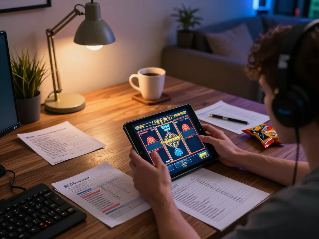 FAFA828 player engaging in online slots with strategies at home, showcasing a cozy gaming setup