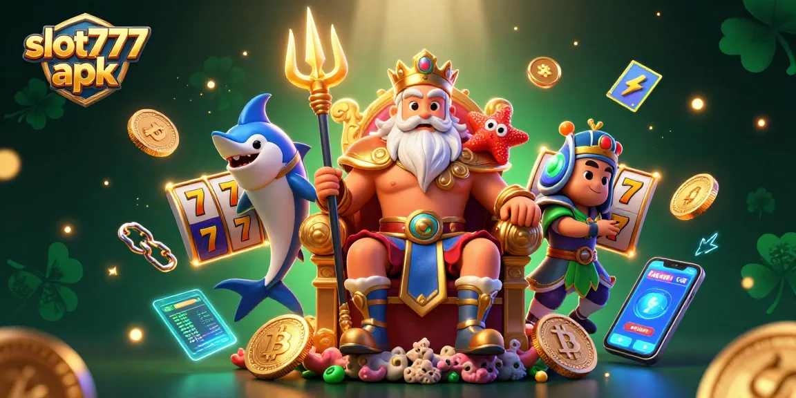 Play slot777 apk in a vibrant casino world filled with neon coins and winning reels.