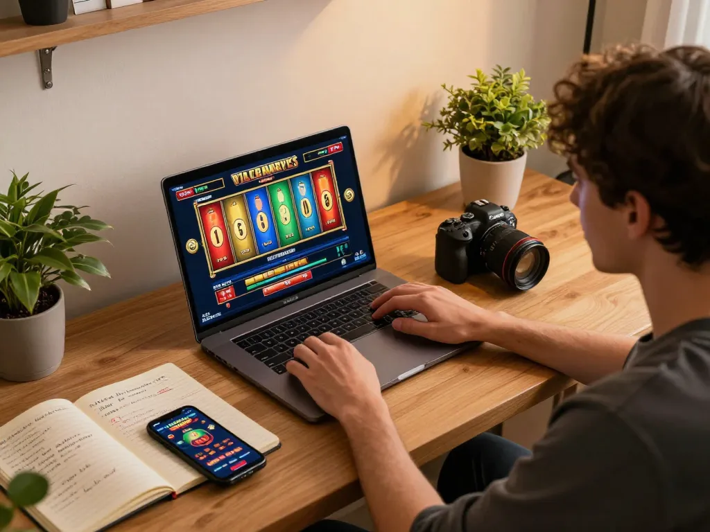 Engaging online slot gaming scene showcasing situs slot gameplay on laptop, with strategic notes and casino app nearby.