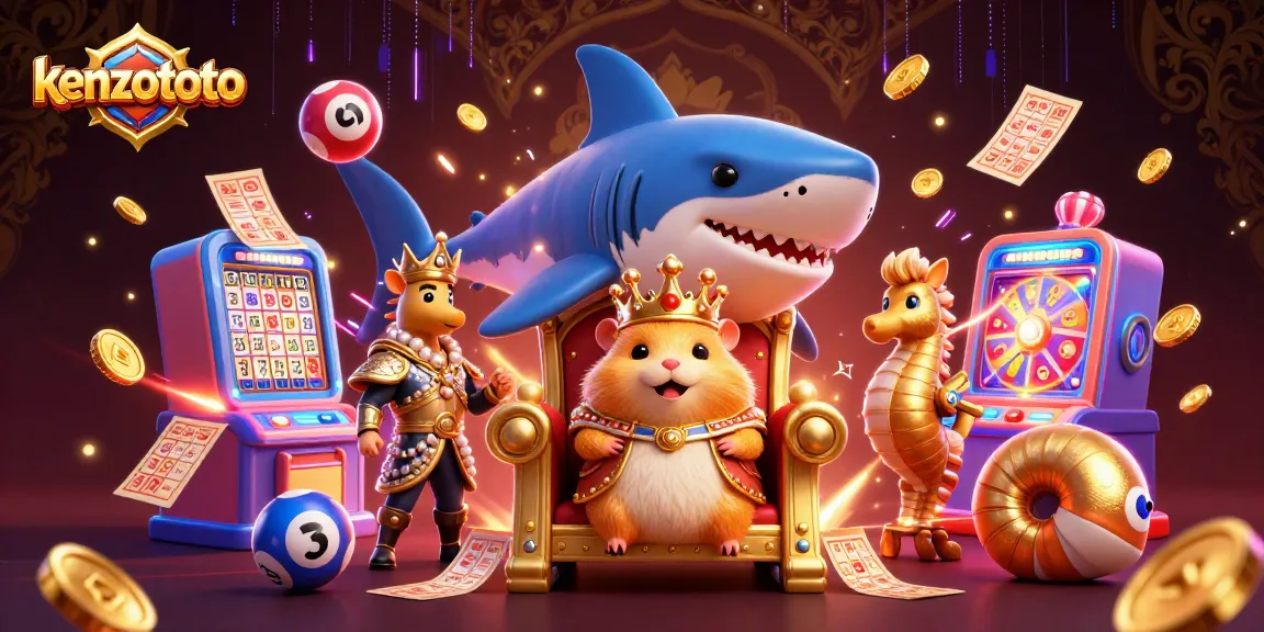 Experience kenzototo's exciting lottery adventure with a dynamic scene of colorful games and vibrant characters.