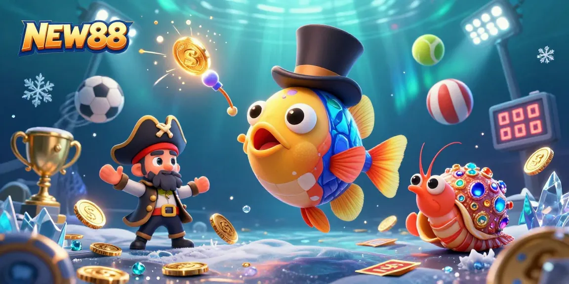 NEW88 casino scene featuring dynamic sea creatures attracting golden coins amidst vibrant sports elements.