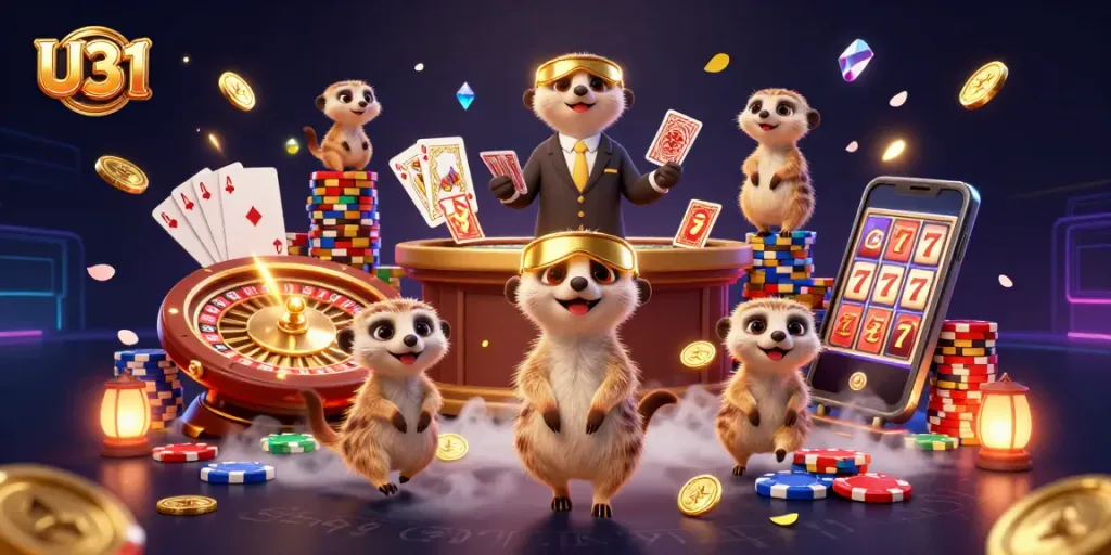 Engage in thrilling U31 casino adventures with exhilarated meerkats running a vibrant casino scene.