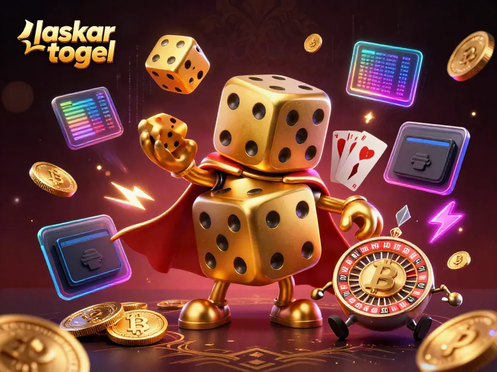 Experience vibrant laskar togel action with a golden dice golem juggles while surrounded by crypto symbols.