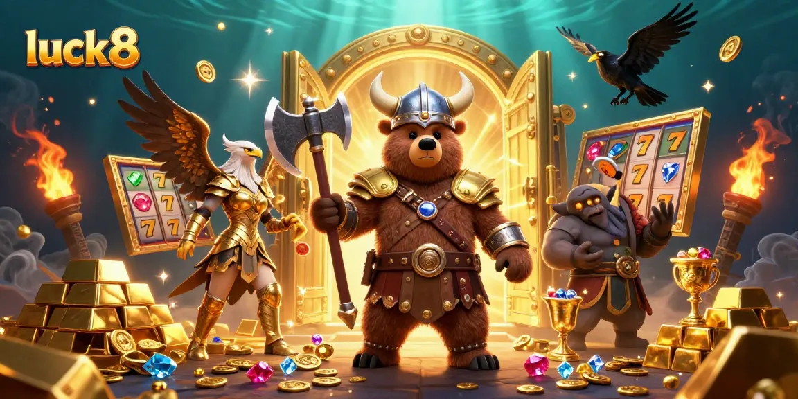 Engage with luck8's thrilling casino atmosphere featuring a Viking berserker, Valkyrie eagle, and gold treasures.