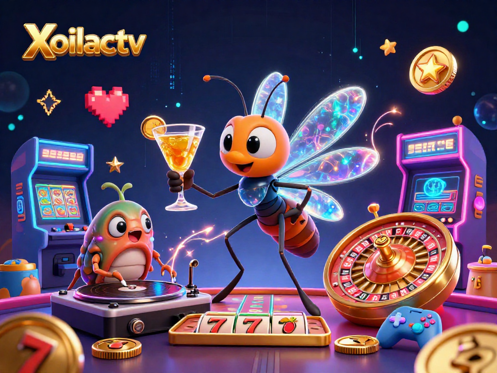 Xoilactv casino scene showcasing a lively frozen mosquito mascot, trilobite DJ, and golden roulette wheel.