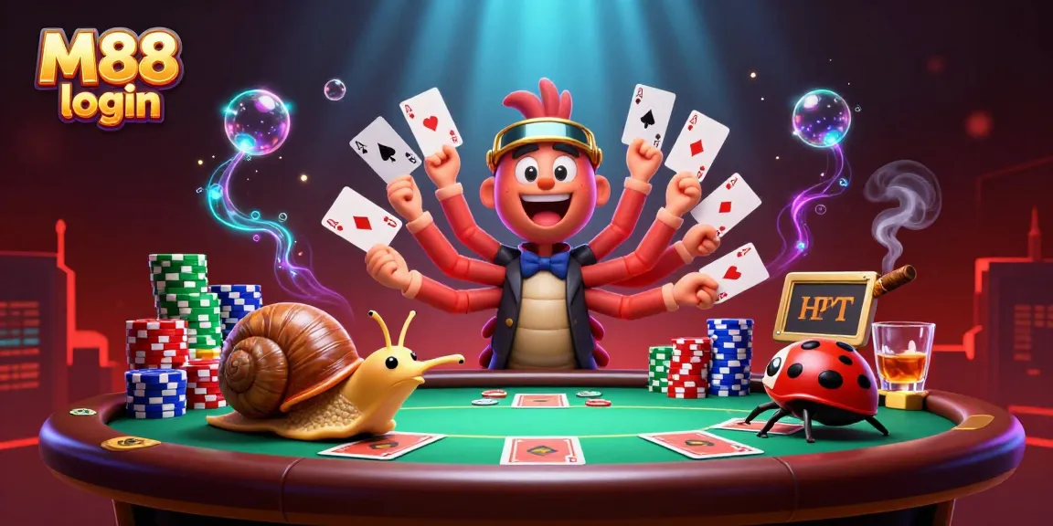 M88 login scene featuring a millipede dealer, poker table, vibrant game elements, and cinematic lighting.
