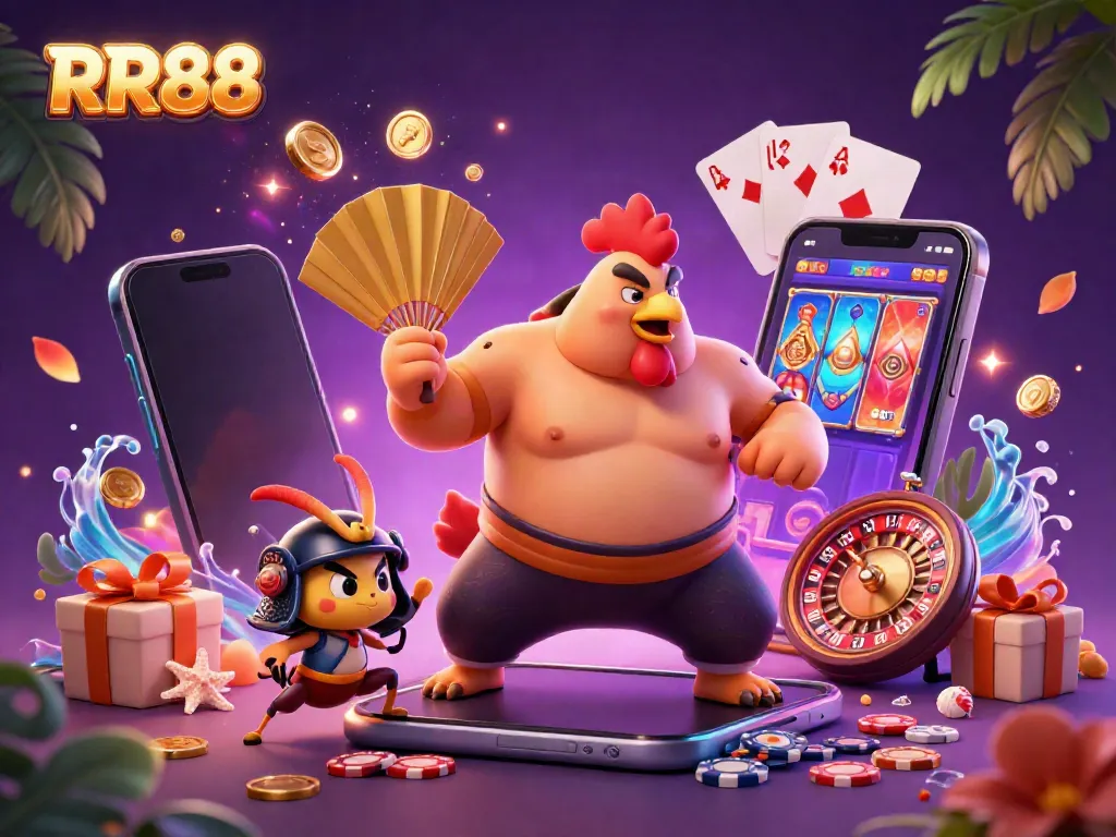 Engaging 3D illustration depicting RR88's vibrant casino atmosphere with sumo wrestler rooster, samurai cricket, and cool tanuki announcer.