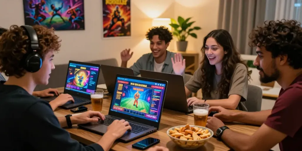 Engaging friends enjoying online gaming on hotwin88 platform in cozy environment.