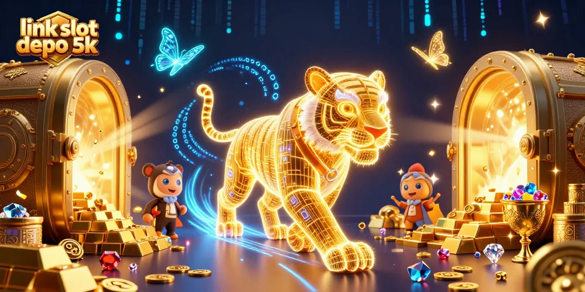 Experience the thrill of link slot depo 5k with a vibrant casino atmosphere, featuring golden treasures and dynamic lighting.