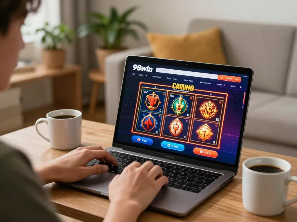 Gamer interacting with 98win trang chu online casino interface at home, showcasing an engaging gaming experience.