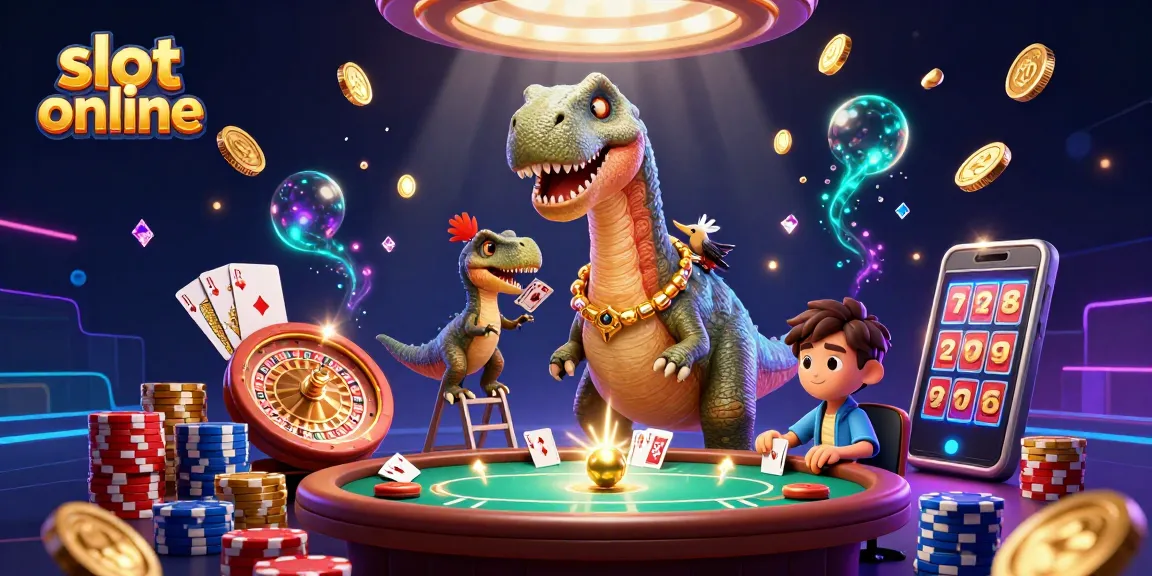Engage in slot online excitement with a playful scene of a brontosaurus dealer and casino elements.