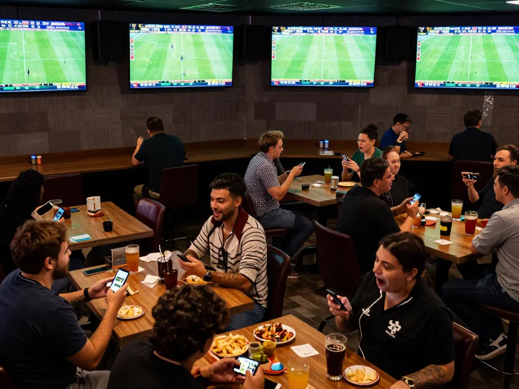 Patrons cheering at a sports bar while placing tỷ lệ bóng đá kèo nhà cái bets on their smartphones, dynamic atmosphere.