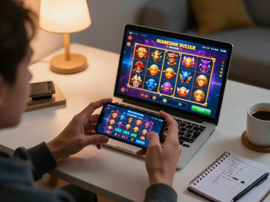 Engaging with slot games on a smartphone to access ทางเข้า m118 in a cozy home setting, promoting interactive online gaming.