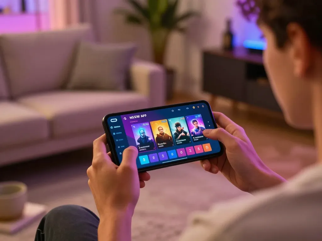 Engaging player using nsfw games apk on mobile, showcasing colorful game graphics and cozy setting.