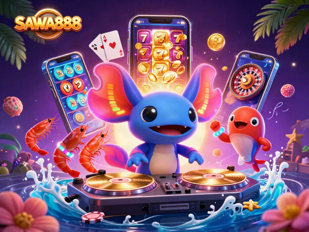 Experience thrilling gameplay with SAWA888's vibrant casino scene featuring neon characters and dynamic slot games.