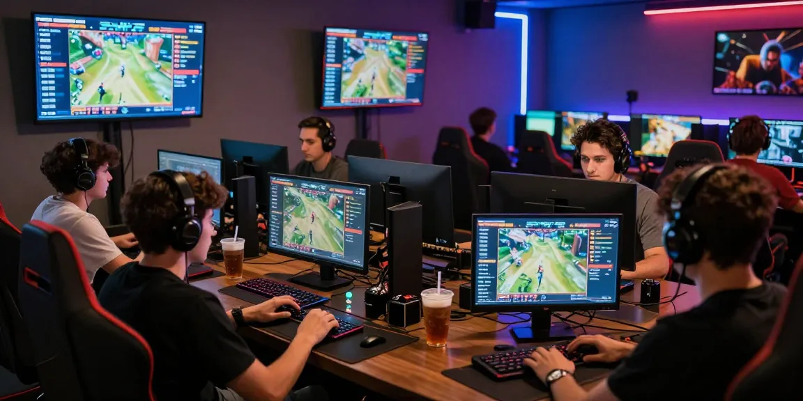 Engaged gamers at Mahajitu online betting lounge, vibrant atmosphere.