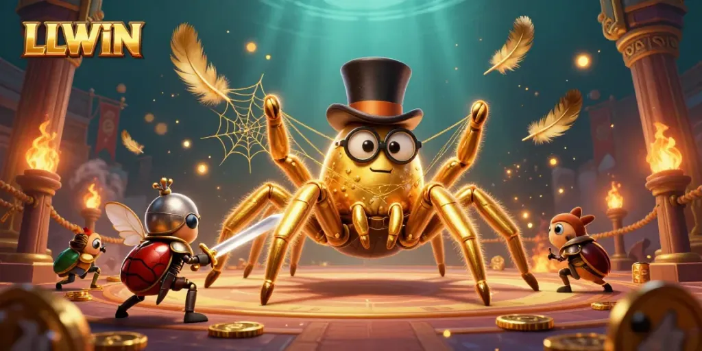Engage in thrilling adventures at LLWIN as a brave beetle knight approaches a golden tarantula in a casino-themed scene.