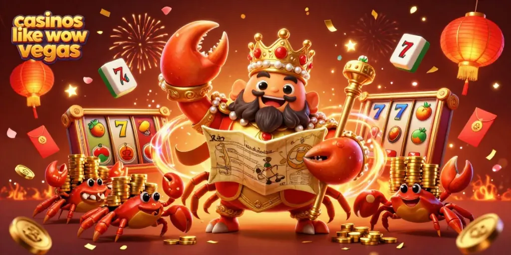 Win big at casinos like wow vegas with a vibrant 3D crab emperor and golden coins.
