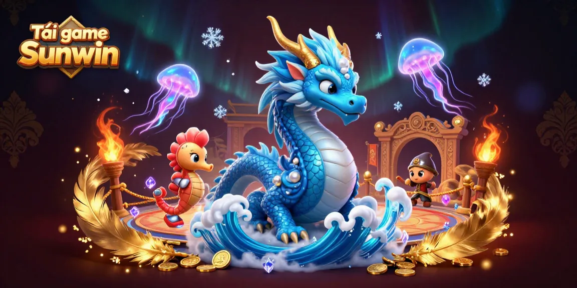 Tải game Sunwin with a dynamic scene featuring a water dragon, seahorse knight, and glowing jellyfish.