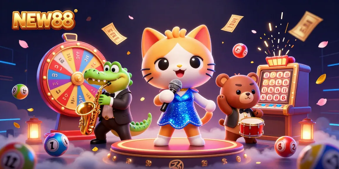 Play exciting casino games at NEW88 with vibrant characters and thrilling lottery elements in a dynamic scene.