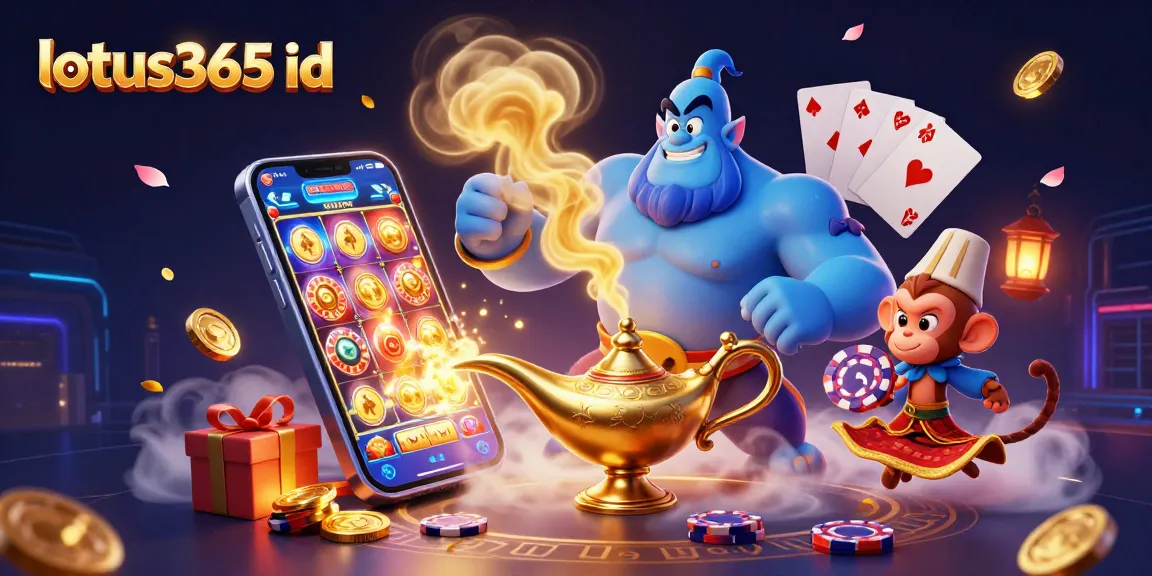 Experience thrilling gameplay with lotus365 id, featuring a cartoon genie and magic elements.