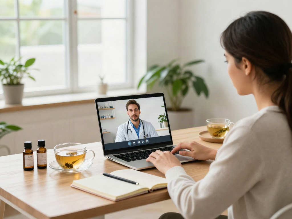 Individual consulting a healthcare professional online for an online medical card Texas in a bright home office.