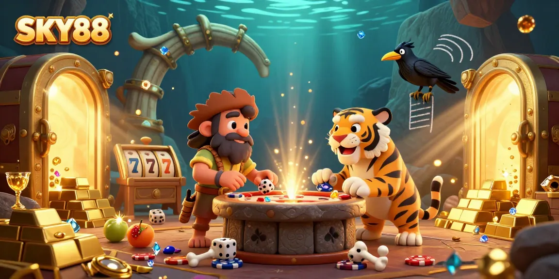 Engage in exciting gaming adventures with SKY88 in a rich casino scene featuring thrilling slot elements.
