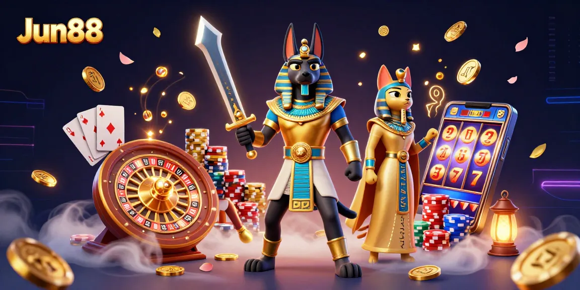 Experience thrilling gameplay at Jun88 with Anubis, coins, and casino elements active in a vibrant scene.