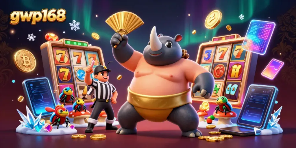 GWP168 memperlihatkan beetle juara sumo yang menghempaskan koin emas di kasino slot