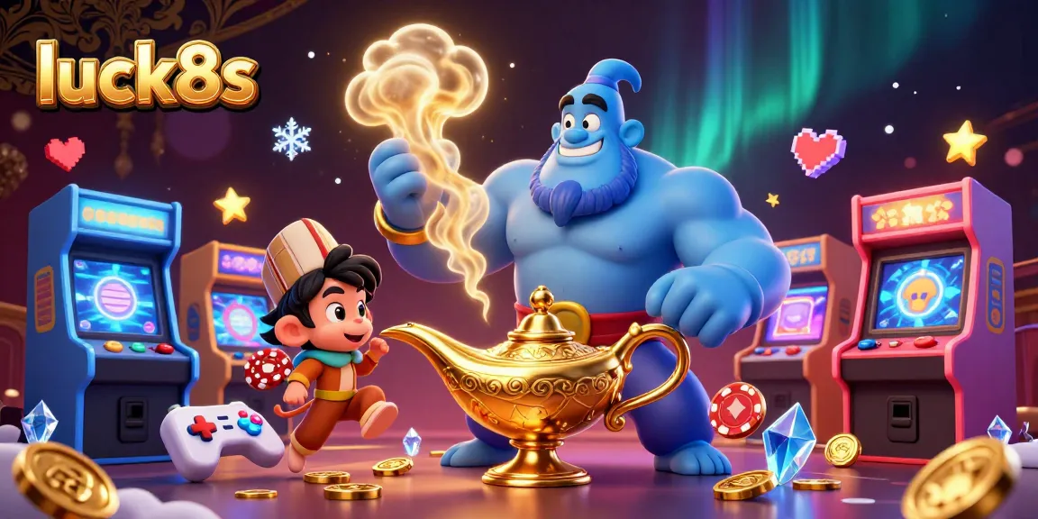 Engage with luck8s in an exciting casino scene where a genie and monkey bring luck with vibrant gaming elements.