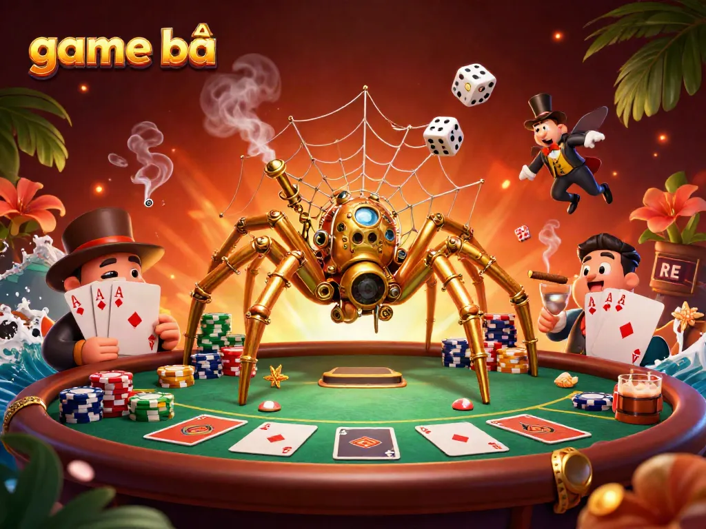 Earn rewards with game bài as the Victorian fly gentleman amusingly struggles in a golden spider's web.