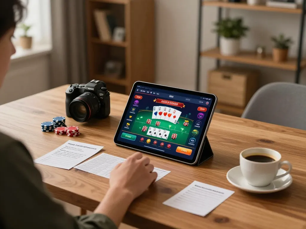 Player strategizing on TD88 casino app during cozy home gaming session with tablet and notes.