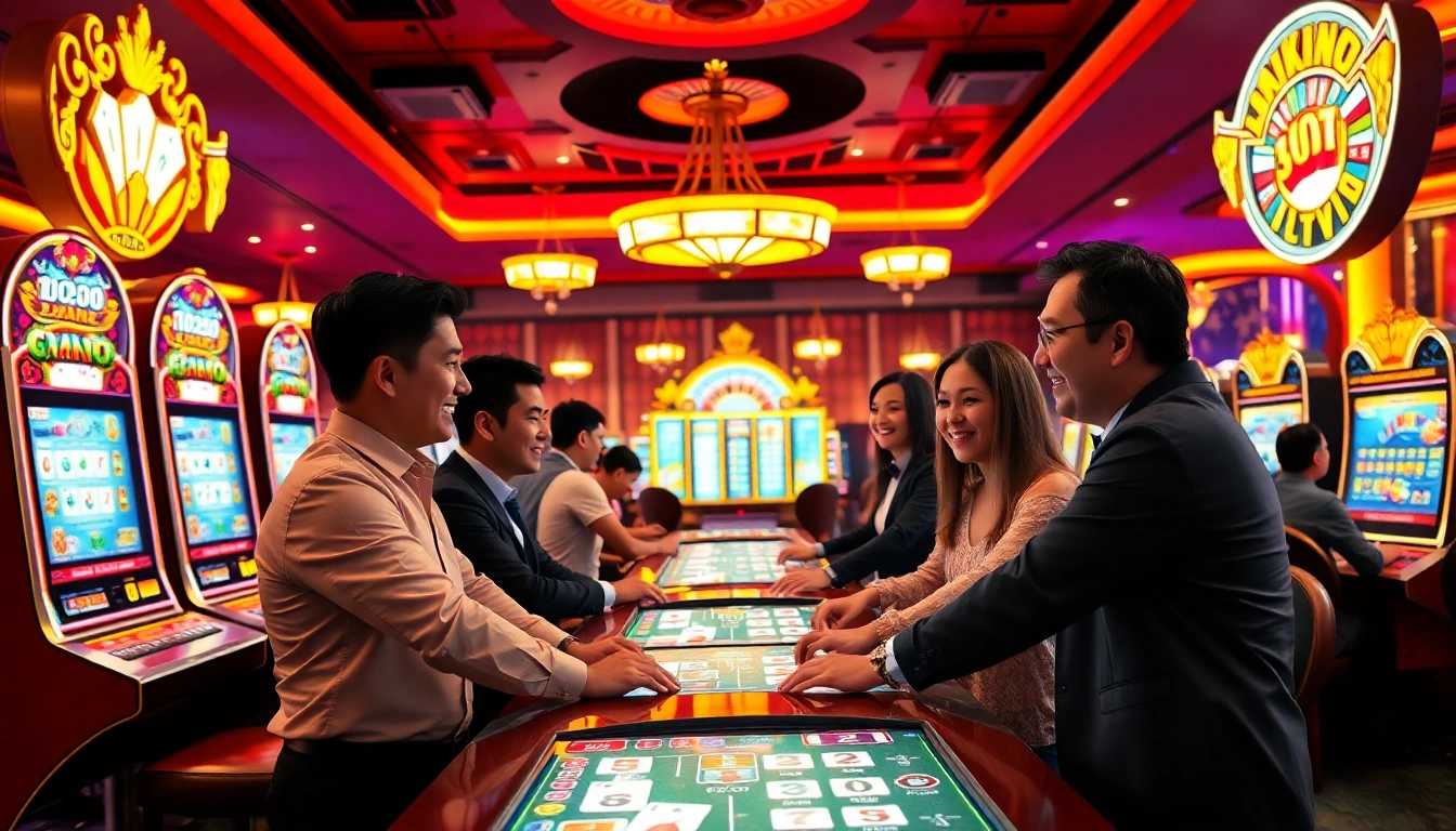 Experience thrill at a situs slot machine with players celebrating big wins amidst a luxurious casino.
