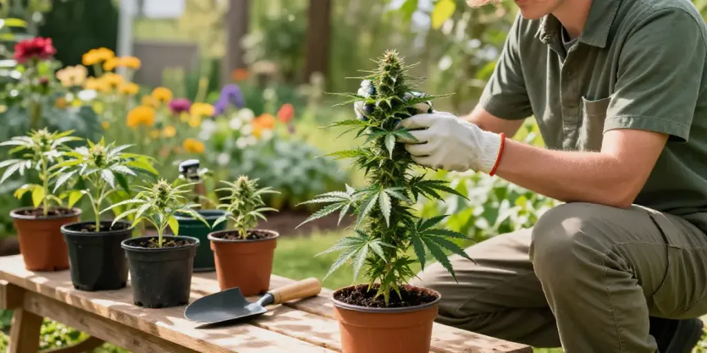Autoflower Samen kaufen in einem Garten mit Cannabispflanzen und Gärtner