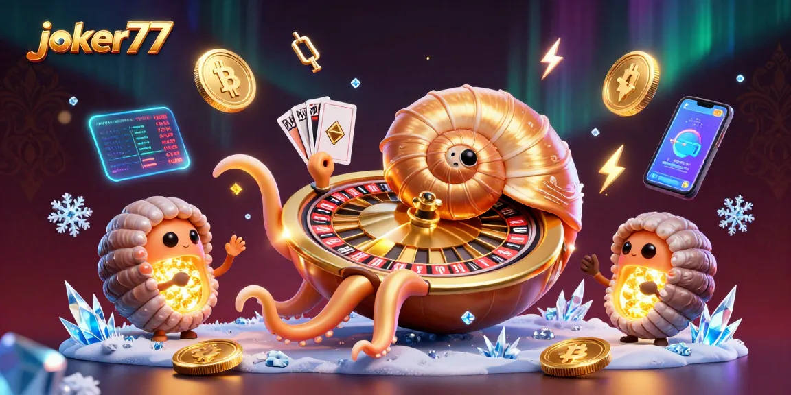Playing cards and crypto coins surround joker77's cartoon nautilus roulette in a lavish casino scene.