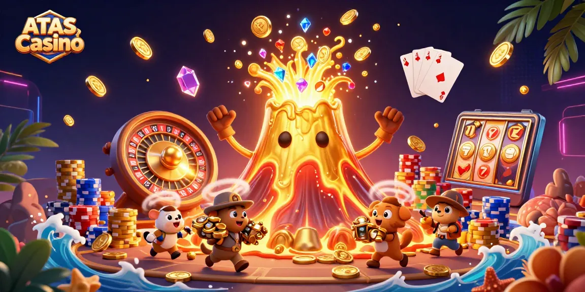 Experience winning thrills at ATAS Casino with a vibrant 3D illustration of jackpot excitement and treasures.