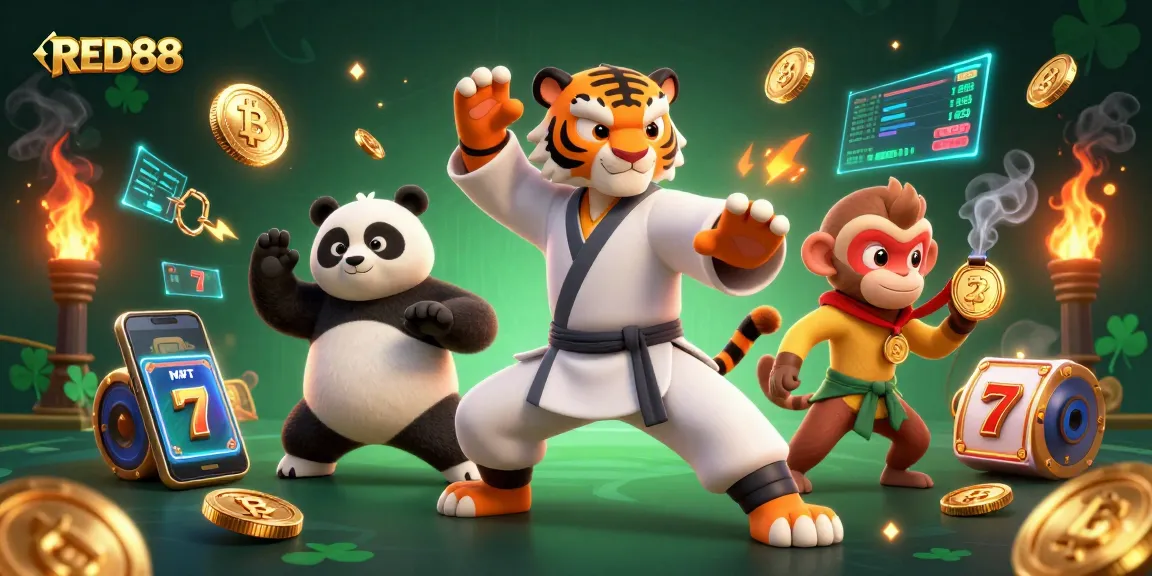 Engage with RED88 as the kung fu tiger leads in a vibrant casino scene celebrating wins.