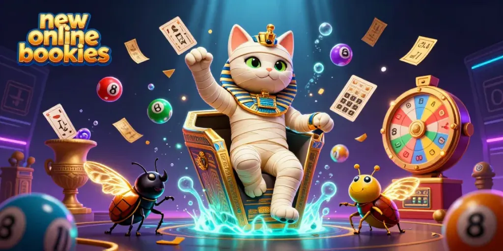 Engage with new online bookies featuring a 3D mummy cat and vibrant lottery elements.