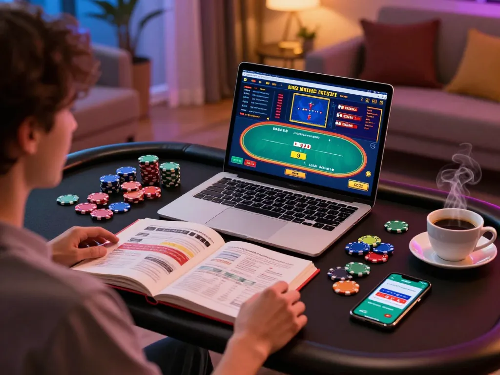 Engaging moment with luckyindex app alongside online poker gameplay at home