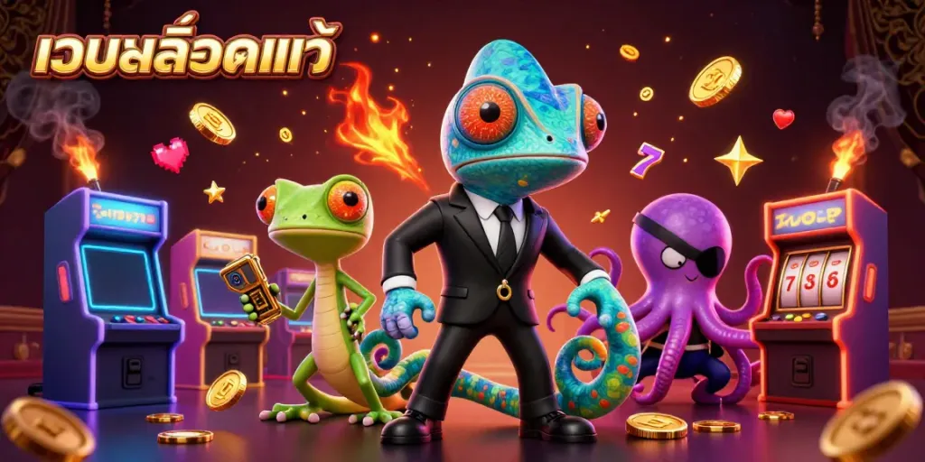 Experience the thrill of เว็บสล็อตแท้ with dynamic gaming characters amidst vibrant casino elements.