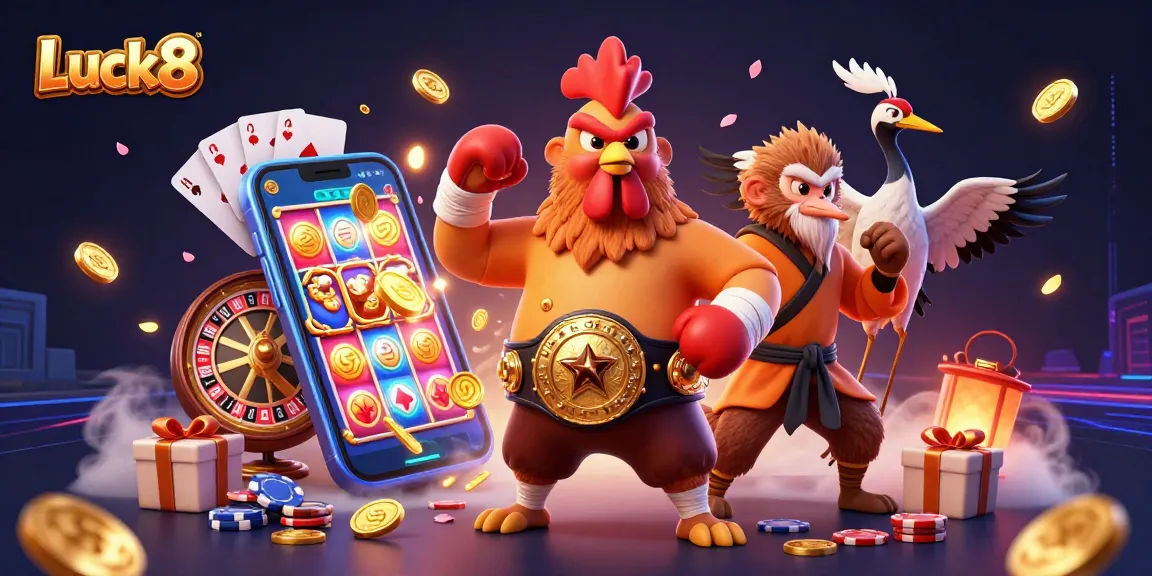 Experience thrilling wins at Luck8 with a dynamic casino scene featuring 3D characters and game elements.