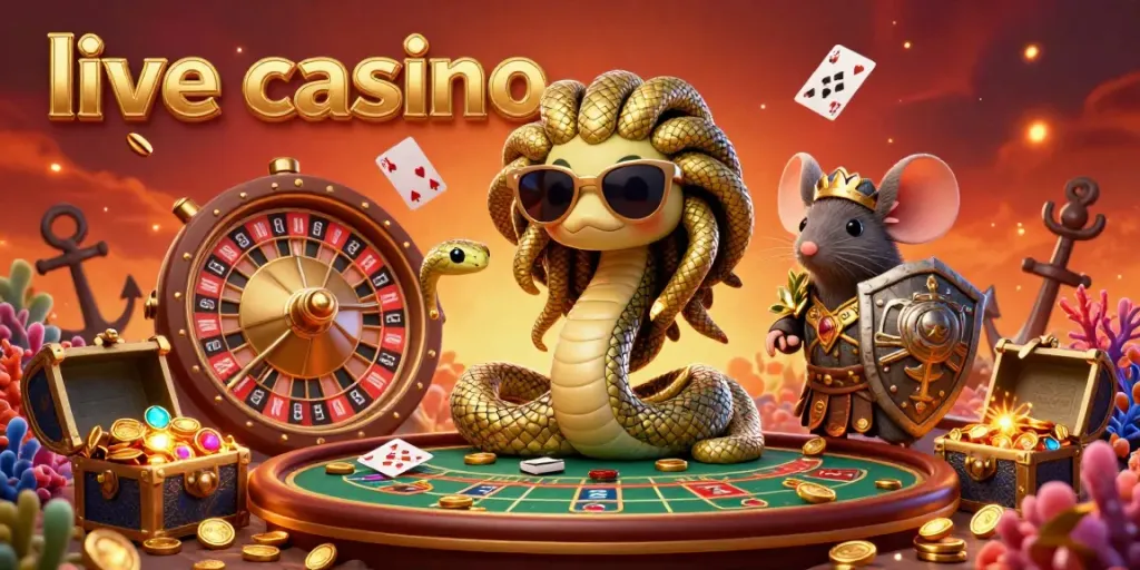 Permainan live casino yang penuh warna dan detail, Medusa dan pejuang mouse menyatu dengan elemen kasino.