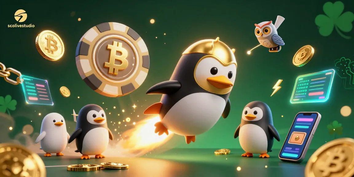 Engage with socolivestudio's vibrant casino adventure featuring a golden penguin and crypto-themed elements.