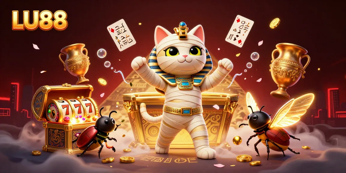 Experience the excitement of LU88 with an Egyptian mummy cat in a casino bursting with treasure.