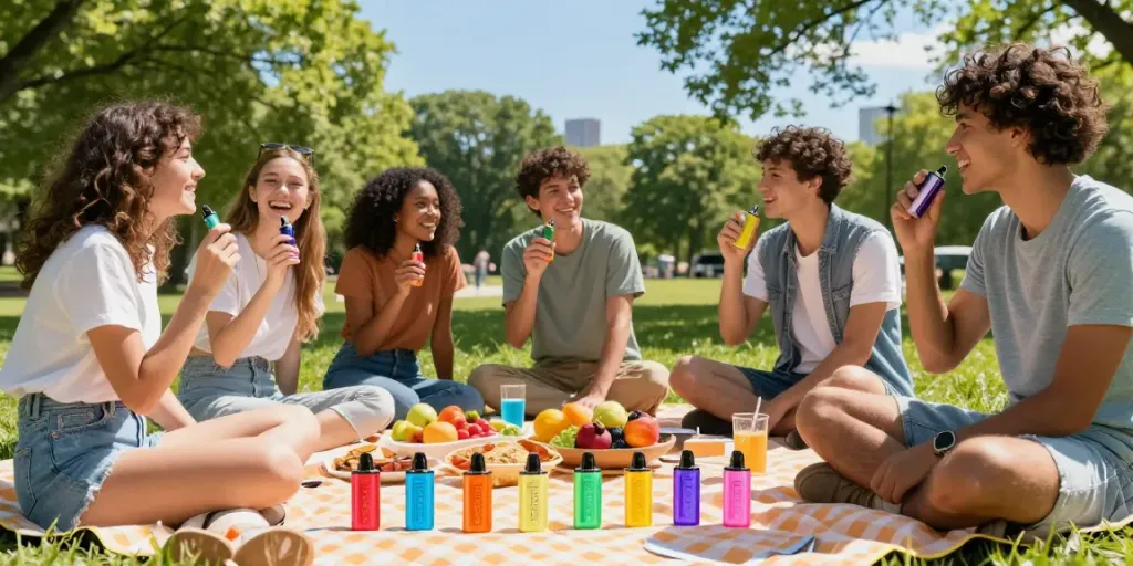 Friends enjoying Hitz infinity Gen 7 disposable vapes during a sunny picnic.
